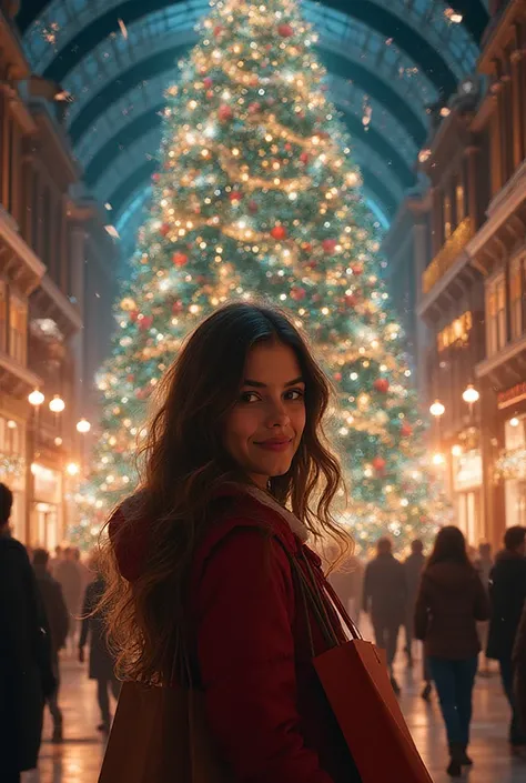 Take a picture of a girl, that comes in from stores in a shopping mall, and in the background there is a Christmas tree decorate...