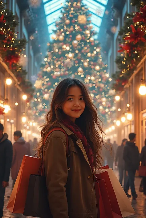 Take a picture of a girl, that comes in from stores in a shopping mall, and in the background there is a Christmas tree decorate...
