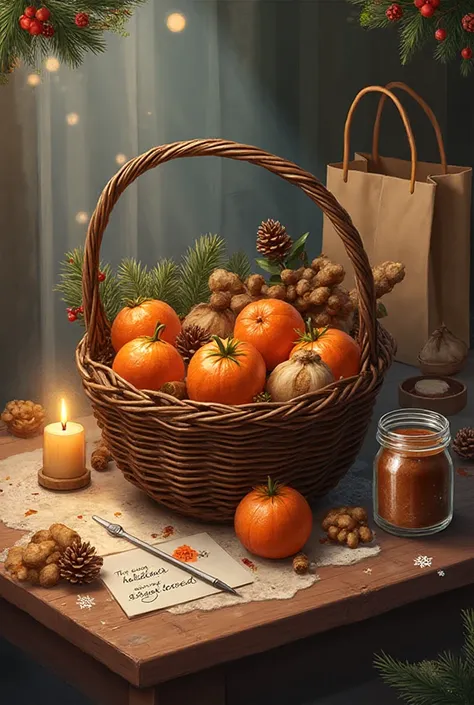 Frame:  table , on it winter grocery basket:  tangerines , Baked ginger, cocoa, candle/garland. Next to it is an àban card, and ...