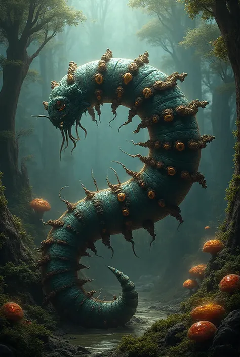 Generate me an image of a millipede that has question marks instead of legs