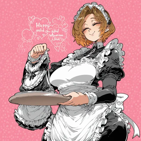 KafunXLP, Adult woman, short hair, dressed as a maid, happy and cute, tray in hand,