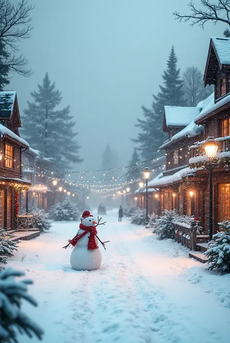 snow, falling, christmas atmosphere, snowman, longing, detailed winter landscape, snowy town, rustic house exterior, festive dec...