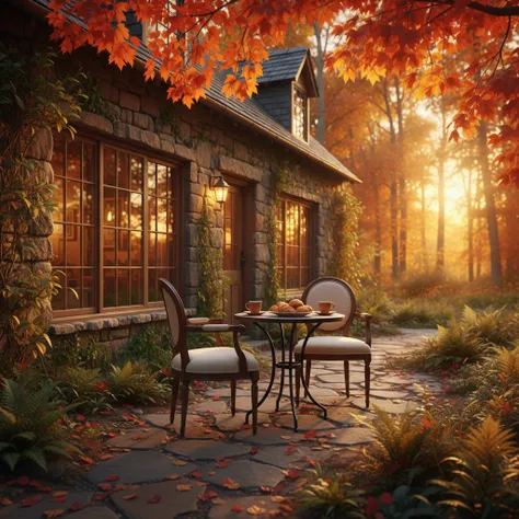 A cozy outdoor seating area in front of an old rustic stone cottage during autumn, bathed in warm, golden sunset light filtering...