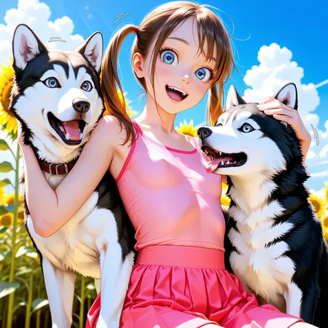 OctokuroM, ,1 girl, happy expression, big eyes, blue eyes, brown hair, 2 ponytails, straight hair, long lashes, high quality, hi...