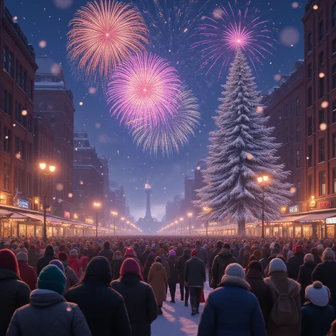 New Year's streets fireworks snow tree