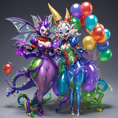 High Quality、3D、furry、Smooth Transparent Inflatable Dragon Clown。She has dragon face.Female Balloon Body and Features.No creases...