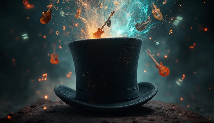 Crie uma thumbnail 1280x720 para o youtube. Image in the center of the stage a top hat and musical notes and guitars coming out ...