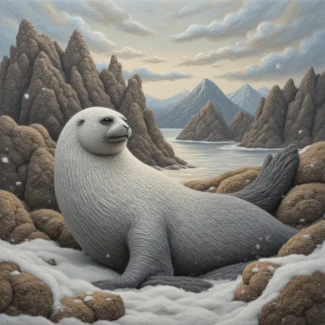 Make an image of the Ladoga gray seal against the background of the Ladoga skerries in a New Year's theme. The image is made of ...