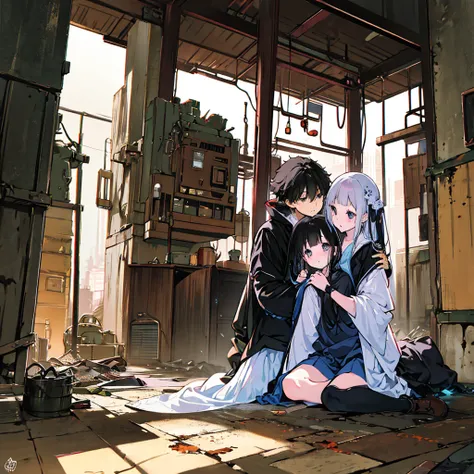 anime style illustration。inside an abandoned factory where rusted steel frames and broken machines are lined up、A girl wearing a...