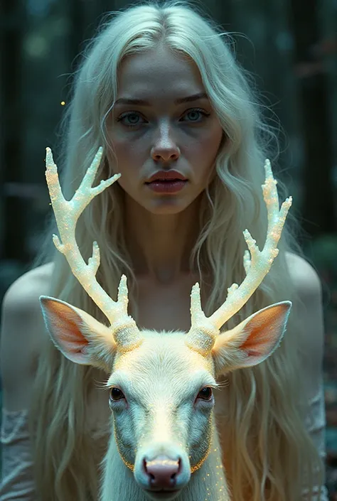 35mm photography of a beautiful forest maiden with long snow-blonde hair, silver eyes, and soft full lips. Front view. Mystical ...