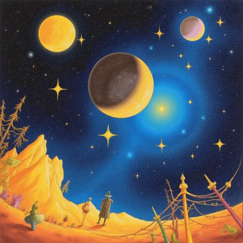 Create a color pencil drawing of space with stars and planets in yellow and blue color