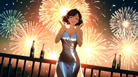 A glamorous woman standing near a modern balcony railing during a New Year celebration, captured with a slightly tilted Dutch-an...