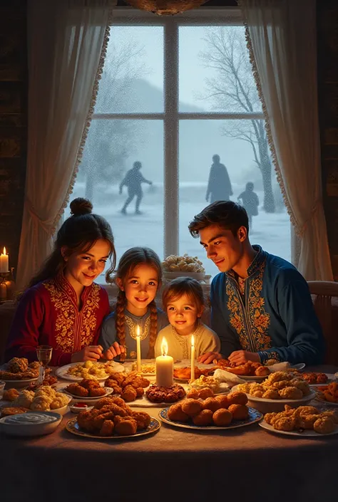 a family in embroidered shirts is sitting at a table full of Ukrainian food. 3-4 people. snow outside the window , you can see m...