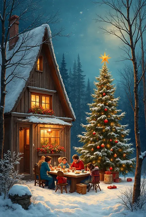  -Artist
-create a picture 
-Village house, in the foreground, the family is sitting at the table , In the back window, outside ...