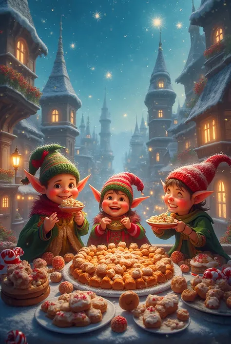 elves with sweets against the backdrop of a festive city