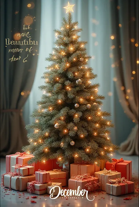 a Christmas tree decorated with silver jewelry and gift packages below, and a phrase that says: December, The most beautiful mon...