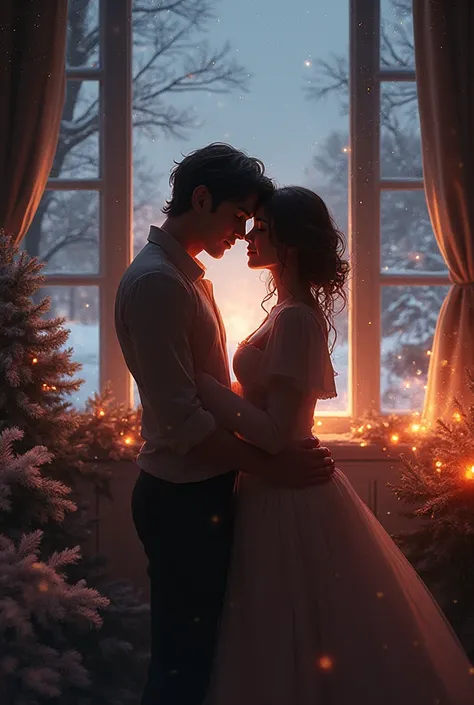 Pictures of two romantic people in winter with crystal; I could add music to them in their apartment and a heater.