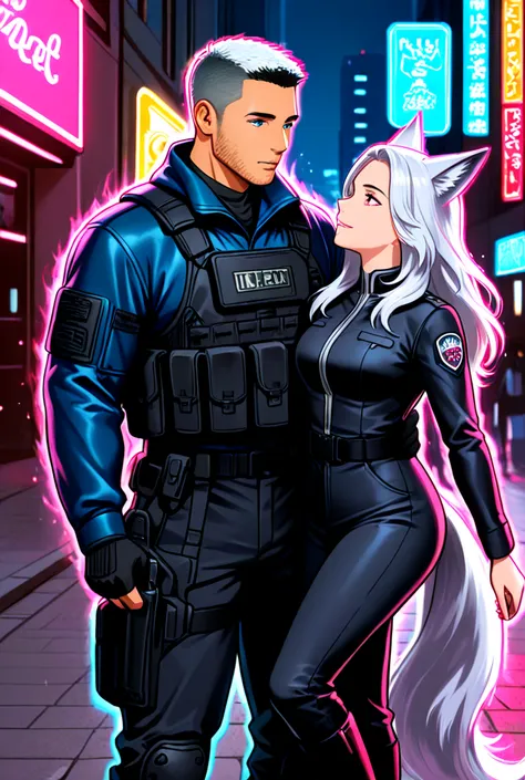 A handsome young man with a normal human face, pink-blue-and-white hair typical of anime, without wolf ears. He was wearing a bl...