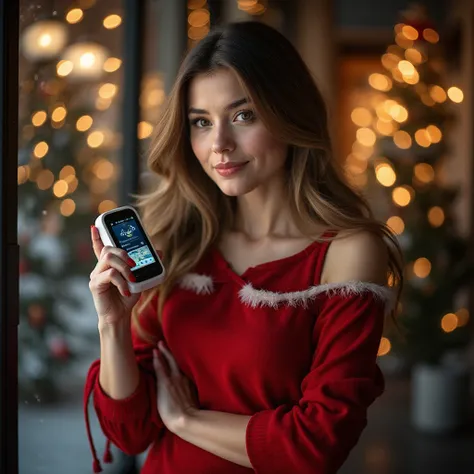 A beautiful young woman wearing a stylish red Santa-dress with white fur trim, posing confidently while holding a sleek GPS trac...