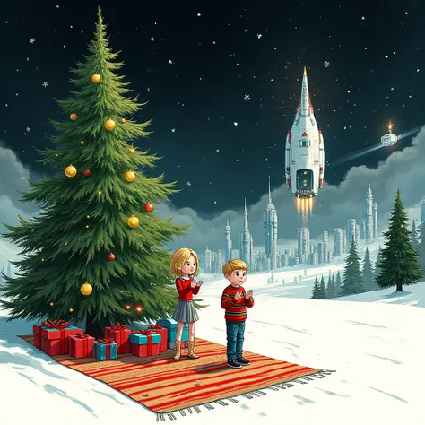 Create a futuristic drawing - on the left stands a green fir tree with yellowish ornaments. Under the spruce striped carpet - on...