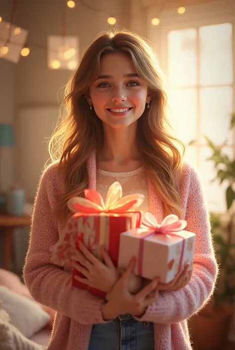 A beautiful, happy girl holding gift bags, one of which is looking straight ahead, stands in a room with her whole body turned t...