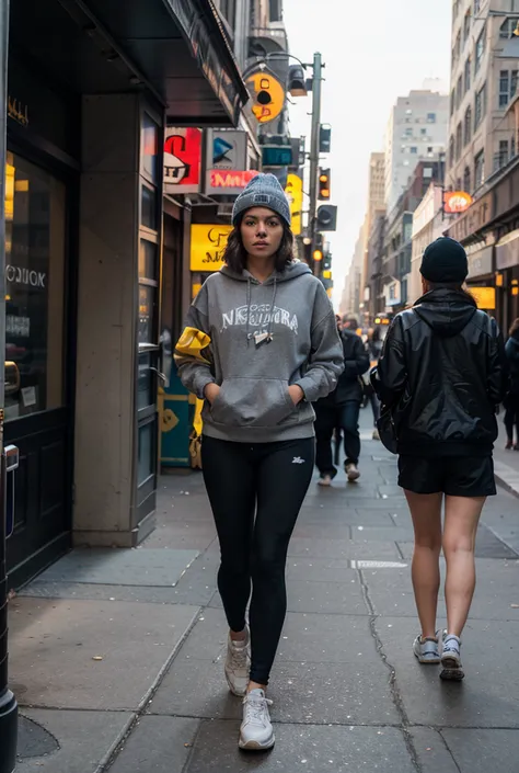 A photorealistic, ultra-detailed full body shot of a young boy walking confidently on a busy New York City sidewalk during the d...