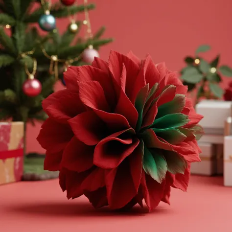 three-dimensional abstract shape reminiscent of a flower, with multi-layered scarlet-green petals, textile texture and velvety s...