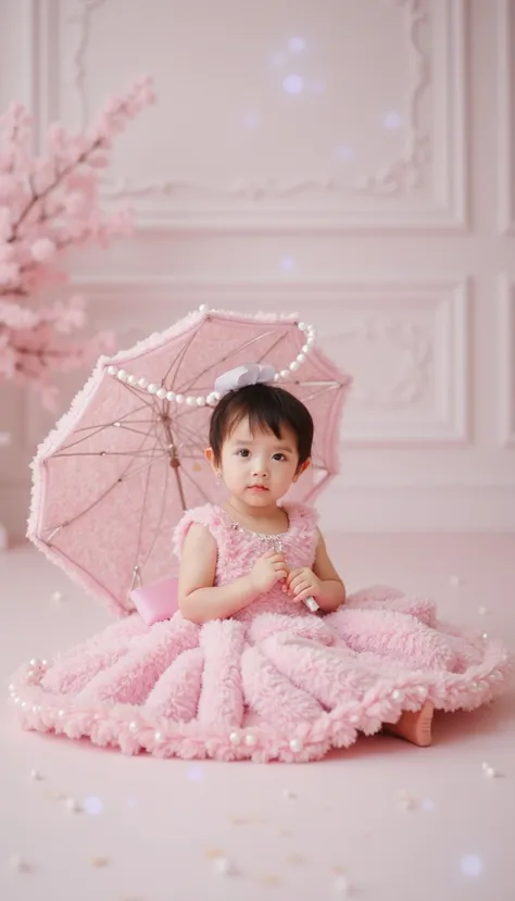 Ultra-realistic 8K full-body portrait of a cute 3-year-old girl wearing an elegant white fur jacket with pearl embellishments (s...