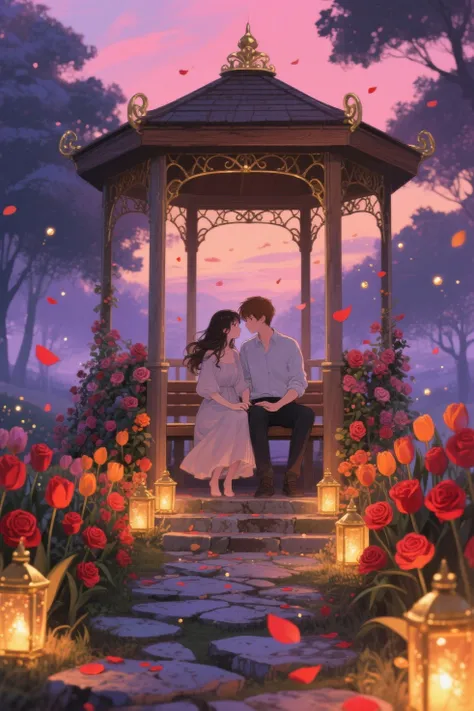 Highly detailed 2D anime-style illustration showing a wooden gazebo with arabesques Metallic under a twilight sky in pink tones,...