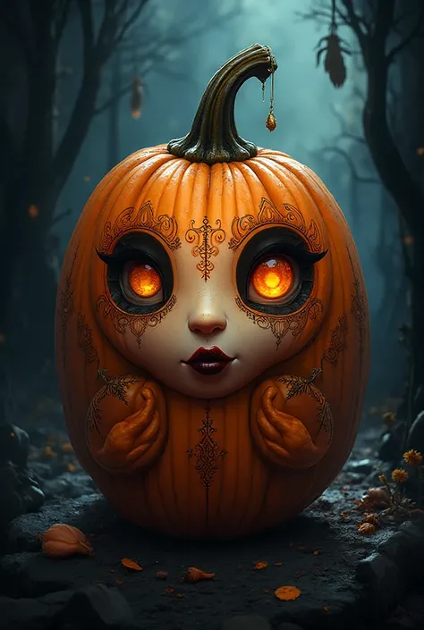 A pumpkin cartoon style with gothic makeup 
