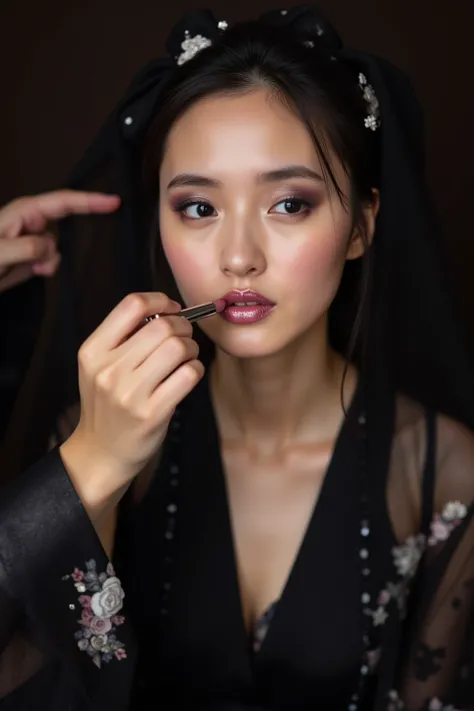 a beautiful young woman applying lipstick to her lips, sexy black Japanese shrine maiden costumes, metallic light pink lips, lip...
