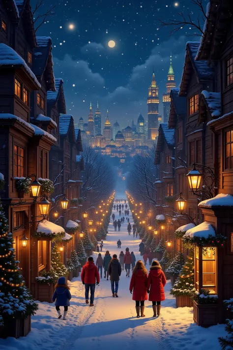 Xmas Town Location,(masterpiece, best quality:1.2), Beautiful girls are coming home, walking in the city with an early Trismas a...