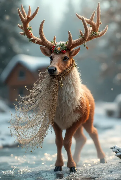 Decorative Christmas reindeer with a landing net