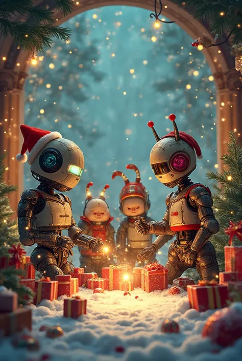 christmas vibe, robots, elfs and gifts, cute