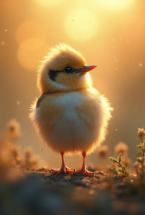 A mesmerizing portrait in the foreground of a beautiful Little bird illuminated by the soft golden light of a quiet morning, con...