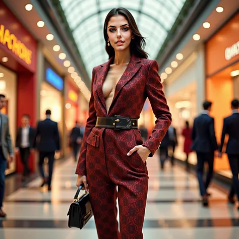 Draw this face with 21st century fancy Dolce&Gabbana style female fashion clothes and she is standing in a shopping mall with a ...