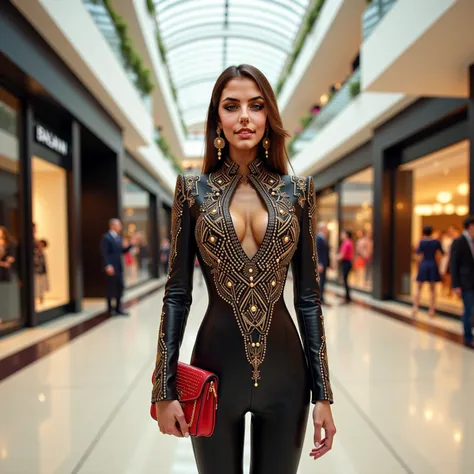 Draw this face with 21st century fancy Balmain style female fashion clothes and she is standing full body view in a shopping mal...