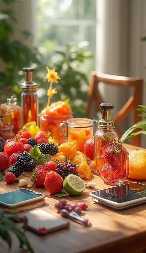 a table full of tablets and fruits and collagen