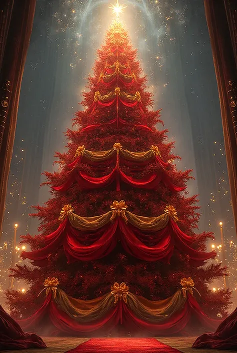 please draw a Christmas tree with large red layers and lush golden bows