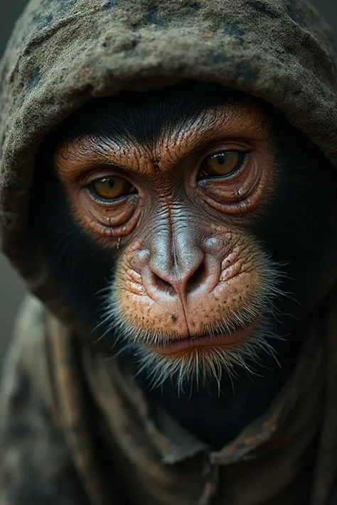 “Close-up emotional shot of a monkey worker with tears in his eyes, dirt on cheeks, damaged clothes, dramatic lighting, ultra-re...