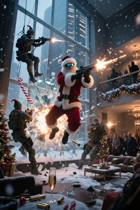 高品質, 傑作, 8K解像度, high-octane action photograph capturing explosive Christmas Eve rescue mission as Santa-themed special operation...