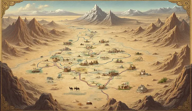 “Ancient trade route map illustrating interconnected paths across deserts and mountains