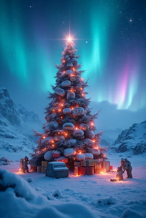 Magical cinematic winter scene in the style of immersive 360° dome cinema. A group of polar explorers on a snowy polar station h...