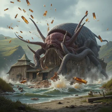 the kraken monster breaks the barn and beer bottles fly everywhere