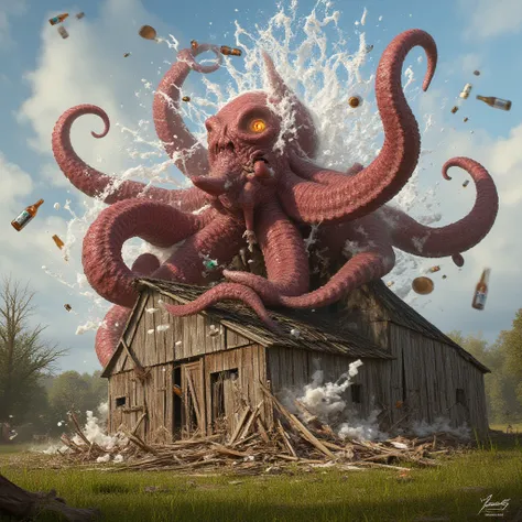 beer monster kraken destroys the barn, beer bottles are flying everywhere,