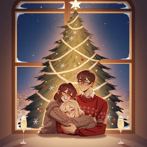 Two lovers in cozy sweaters hugging against the backdrop of a decorated Christmas tree, soft warm lighting from garlands, snowfl...