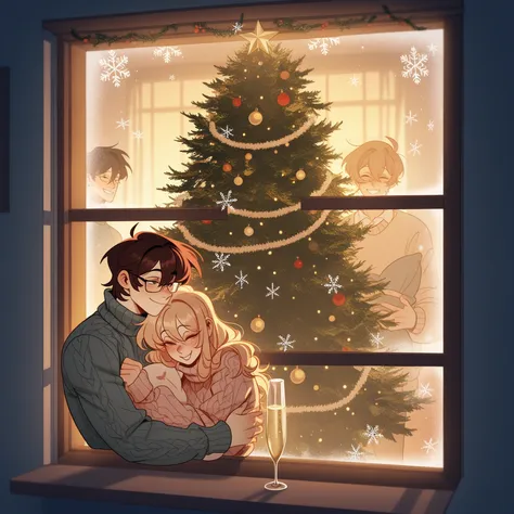 Two lovers in cozy sweaters hugging against the backdrop of a decorated Christmas tree, soft warm lighting from garlands, snowfl...
