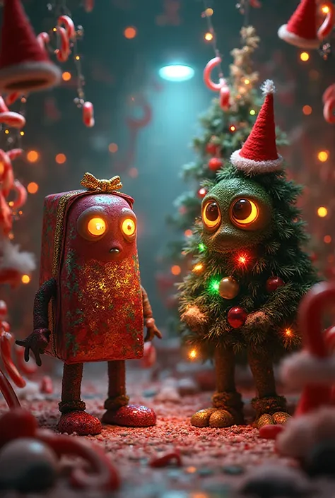 3D scene, whimsical chaotic Christmas room full of candy canes and Santa hats. Two human-sized creatures: a sentient present wit...