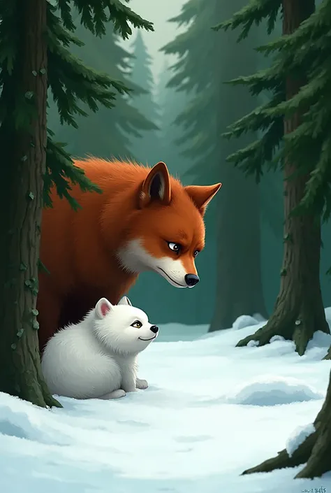 Generate an image of Koda (very), with large brown fur, poking his head among the green trees of a forest, looking curiously at ...