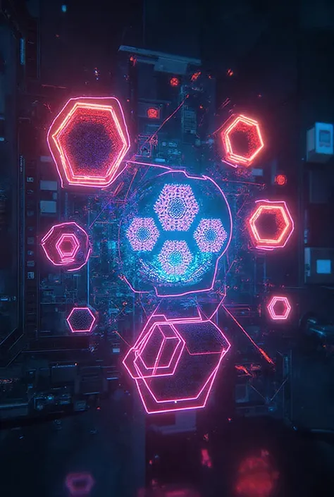 design for fully sublimated flannels that contain a kind of furuistic neon screen with neon heptagons and four heptagons in vibr...